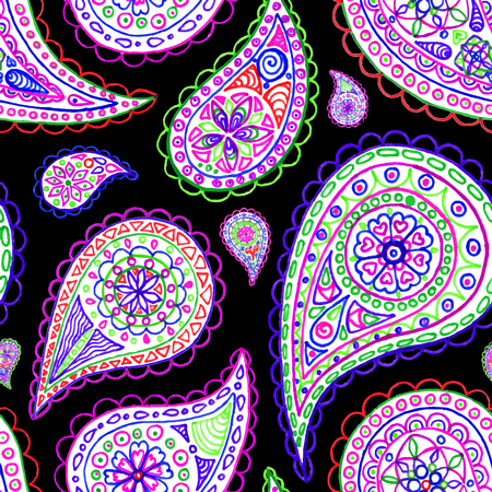 Paisley buta doodle colorful line art seamless pattern vector.のイラスト素材