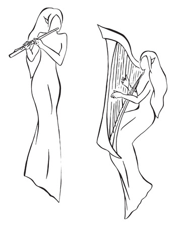 Elves minstrels with harp and flute line art vector.のイラスト素材