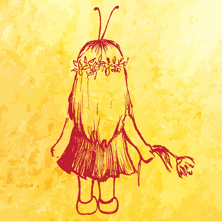 Little girl child in insect costume with flower sketch vector.のイラスト素材