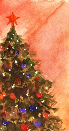 Watercolor Christmas tree with balls and garland.の写真素材