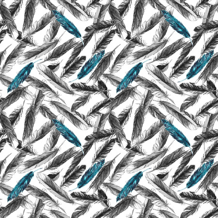 Watercolor black and white monochrome feather seamless pattern.の写真素材