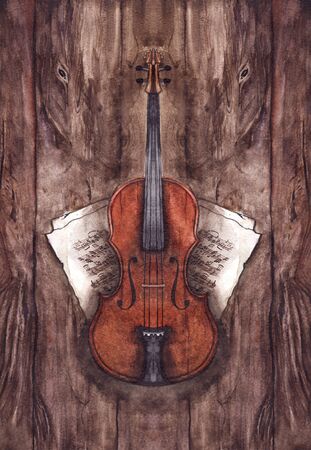 Watercolor vintage violin fiddle musical instrument with music notes on wooden texture background.の写真素材