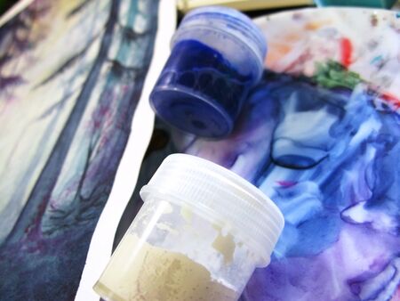 Watercolor photo gouache acrylic paint pot drawing macro photo.の写真素材