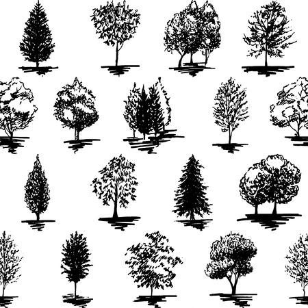 Monochrome black and white tree silhouette sketched line art seamless pattern background vector.のイラスト素材