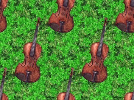 Watercolor wooden vintage violin fiddle musical instrument clover shamrock leaf plant Ireland seamless pattern texture background.の写真素材
