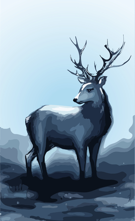 Winter snow forest navy deer with big horns vector art illustration.のイラスト素材