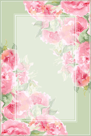 Watercolor pink tea rose peony flower floral composition frame border temple background vector.のイラスト素材