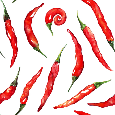 Watercolor red hot chili chilli spicy pepper seamless pattern texture background.の写真素材