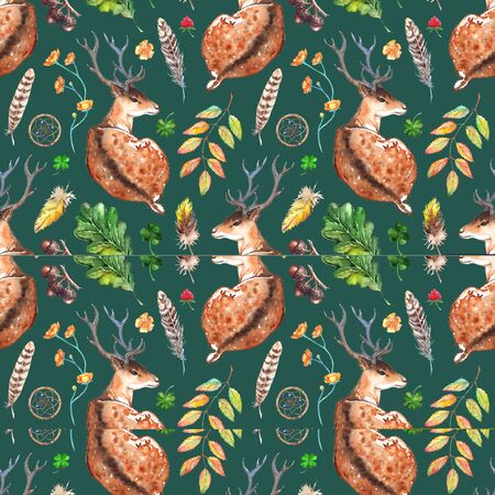 Watercolor wood forest deer animal plant feather dream catcher seamless pattern texture background.の写真素材
