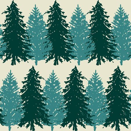 Monochrome spruce fir tree silhouette sketched line art seamless pattern background vector.のイラスト素材
