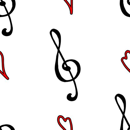Black red treble clef heart love music line art seamless pattern vector.のイラスト素材