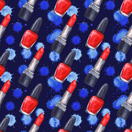 Watercolor women's red lipstick nail polish manicure cosmetics make up spot seamless pattern texture background.の写真素材
