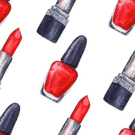 Watercolor women's red lipstick nail polish manicure cosmetics make up seamless pattern texture backgroundの写真素材