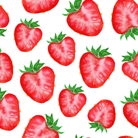 Watercolor hand drawn sketch red strawberry berry slice seamless pattern texture on white background.の写真素材