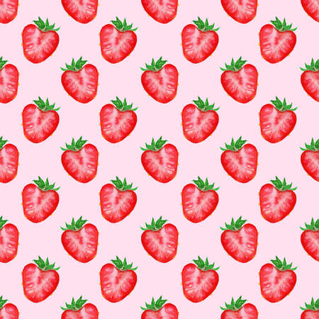 Watercolor hand drawn sketch red strawberry berry slice seamless pattern texture background.