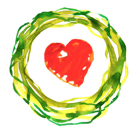 Watercolor green yellow twisted intertwined circle round wreath red heart isolated art.の写真素材