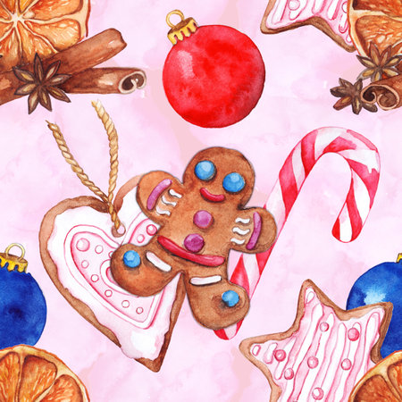 Watercolor Christmas New Year holiday gingerbread sugar cane glass ball lollipop cinnamon anise orange seamless pattern backgroundの写真素材