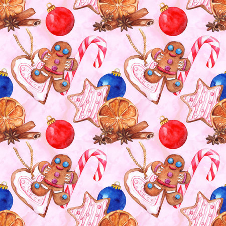 Watercolor Christmas New Year holiday gingerbread sugar cane glass ball lollipop cinnamon anise orange seamless pattern background.の写真素材