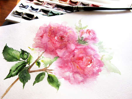 Watercolor pink flower peony rose floral composition plant paint palette brush paintbrush hand creative art drawing photo.の写真素材
