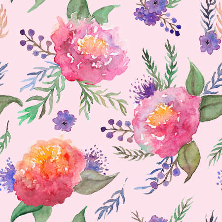 Watercolor hand drawn pink rose peony flowers and leaves floral composition bouquet seamless pattern art.の写真素材