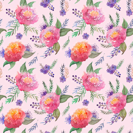 Watercolor hand drawn pink rose peony flowers and leaves floral composition bouquet seamless pattern art.の写真素材