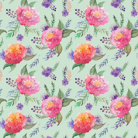 Watercolor hand drawn pink rose peony flowers and leaves floral composition bouquet seamless pattern art.の写真素材