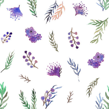 Watercolor hand drawn flowers, leaves and branches floral pretty shabby chic textile seamless pattern art.の写真素材