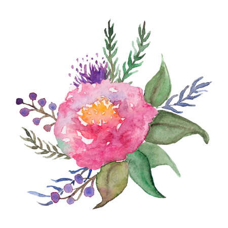 Watercolor hand drawn pink rose peony flower leaf branch berry floral composition bouquet isolated art.の写真素材