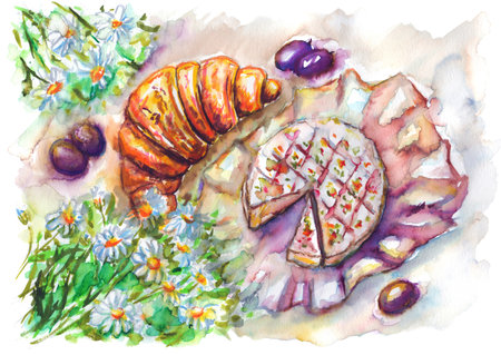 Watercolor French summer breakfast picnic: fresh croissant, cheese Camembert Brie, grape and chamomile flowers artwork.の写真素材