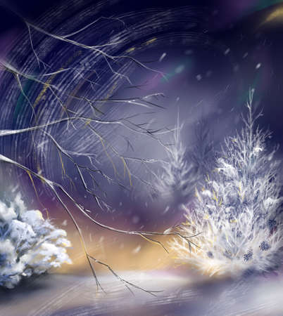 Watercolor violet night winter wood forest fir snow landscape digital art.の写真素材
