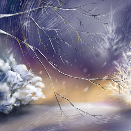 Watercolor violet night winter wood forest fir snow landscape digital art.の写真素材