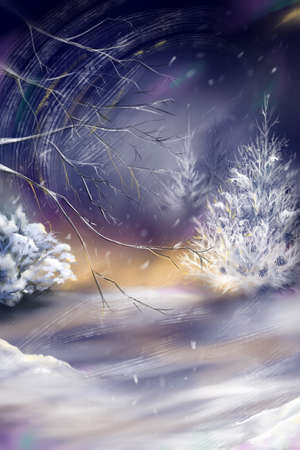 Watercolor violet night winter wood forest fir snow landscape digital art.の写真素材