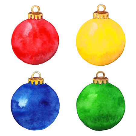 Watercolor red green blue yellow Christmas ball toy isolated set.の写真素材
