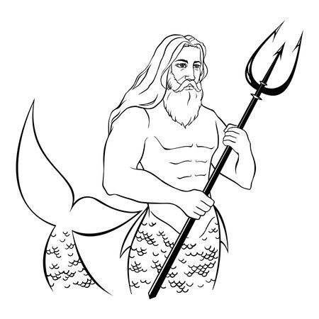 Poseidon, Neptune - king God of the sea, freshwater, storms, earthquakes and horses. Monochrome black and white merman ink line art hand drawn sketch vector.のイラスト素材