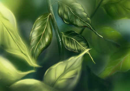 Beautiful 3D green leaf branch plant tree bush wallpaper background computer graphic digital watercolor art.の写真素材