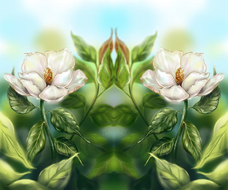 Beautiful pearly white ivory Magnolia flower leaf branch plant tree bush frame background computer graphic digital watercolor art.の写真素材