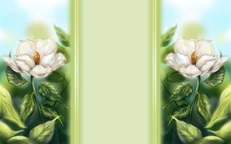 Beautiful pearly white ivory Magnolia flower leaf branch plant tree bush frame invitation greeting card background computer graphic digital watercolor art.の写真素材