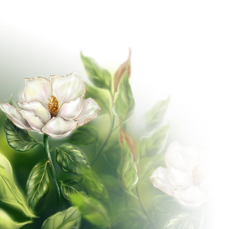 Beautiful pearly white ivory Magnolia flower leaf branch plant tree bush frame background backdrop computer graphic digital watercolor art.の写真素材