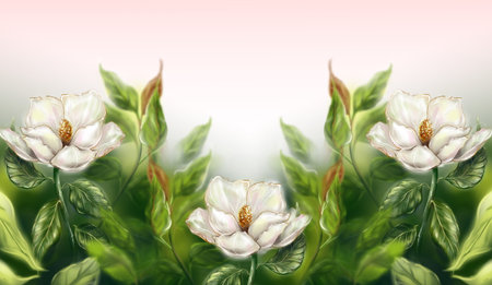 Beautiful pearly white ivory Magnolia flower leaf branch plant tree bush frame background backdrop computer graphic digital watercolor art.の写真素材