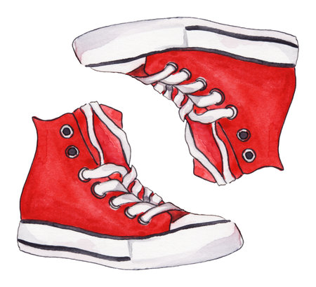 Watercolor red sneakers pair shoes isolated art set.の写真素材