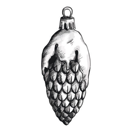 Digital watercolor New Year Christmas tree glass pine cone toy isolated monochrome sketch digital vector line art.のイラスト素材
