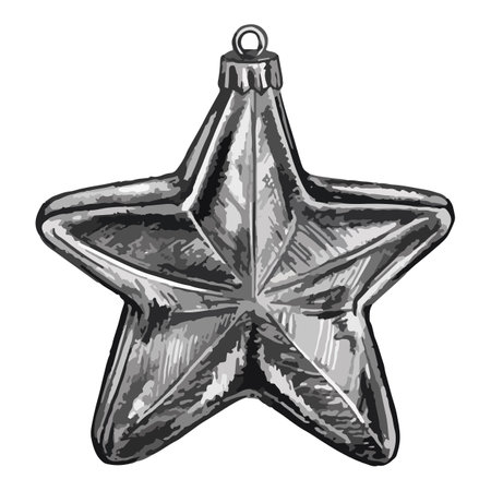 Digital watercolor New Year Christmas tree glass star toy isolated monochrome sketch digital vector line art.のイラスト素材