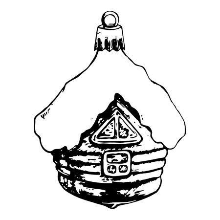 Digital watercolor New Year Christmas tree glass snow-covered house toy isolated monochrome sketch digital vector line art.のイラスト素材