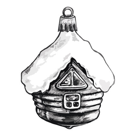 Digital watercolor New Year Christmas tree glass snow-covered house toy isolated monochrome sketch digital vector line art.のイラスト素材