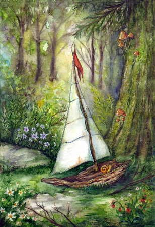 A small dilapidated shipwrecked sailboat got lost in a forest in a glade among trees, plants, and flowers. Hand drawn watercolor illustration artの写真素材
