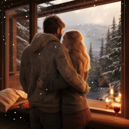 Photo of lovers embracing man and women in the winter glamping house on vacation.の素材