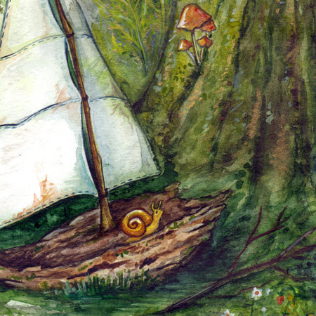 A small dilapidated shipwrecked sailboat with little snail got lost in a forest in a glade among trees, plants, and flowers. Hand drawn watercolor illustration art.の写真素材
