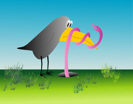 Humorous illustration of the bird and rainwom - duelのイラスト素材