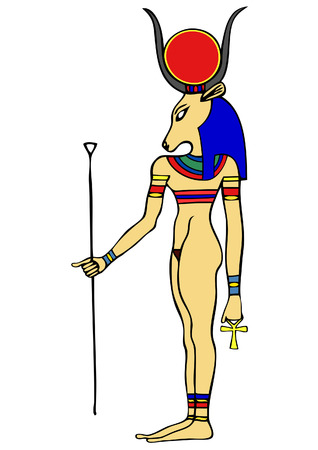 God of Ancient Egypt - Hathor - Hethert - among the oldest of Egyptian deities - often depicted as the cow, a cow-goddess, sky-goddess and tree-goddess who was the mother to the pharaoh and earlier to the universe - an Ancient Egyptian goddess who personiのイラスト素材