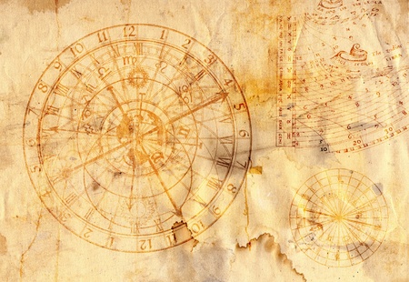 Old paper with atronomical clock in grunge styleのeditorial素材